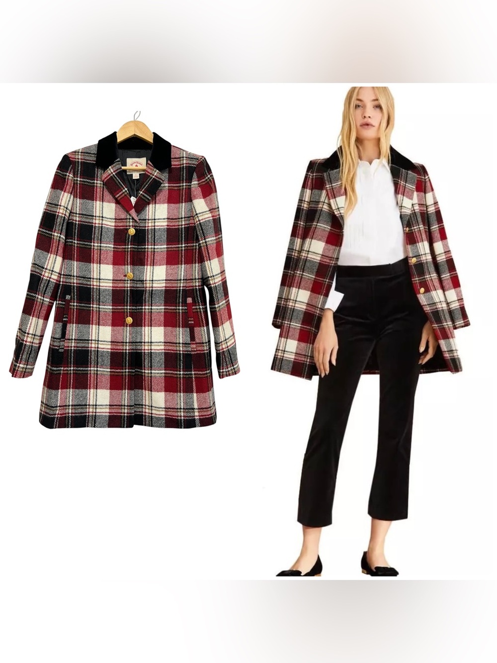 Brooks Brothers Moon England Wool Red Plaid Coat with Black Velvet Collar Size 4